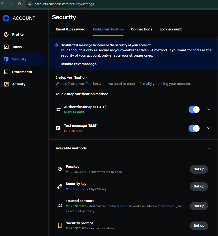Coinbase Review 2026 security settings with 2FA and device checks