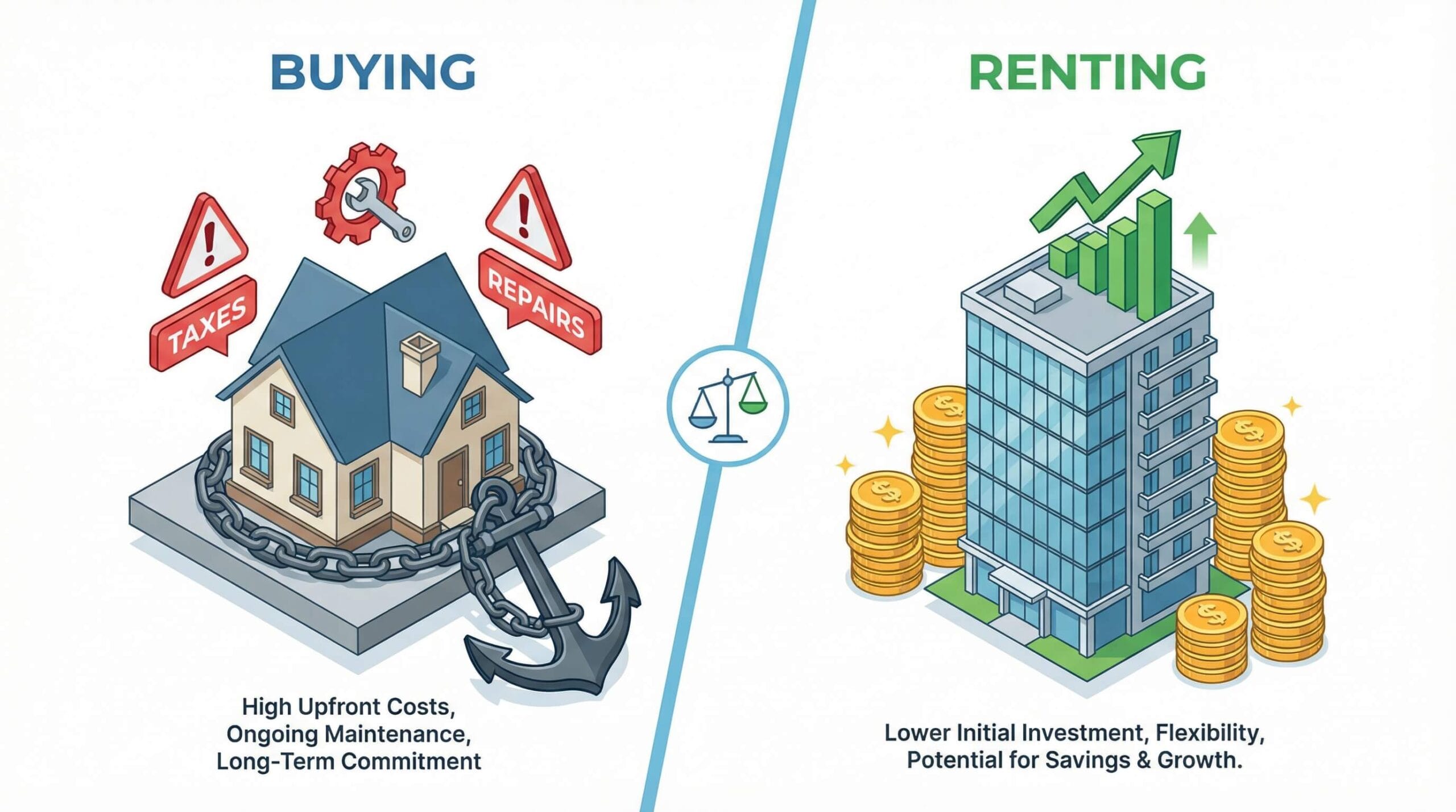 Rent vs Buy Math Infographic: Hidden costs of owning vs investing liquidity