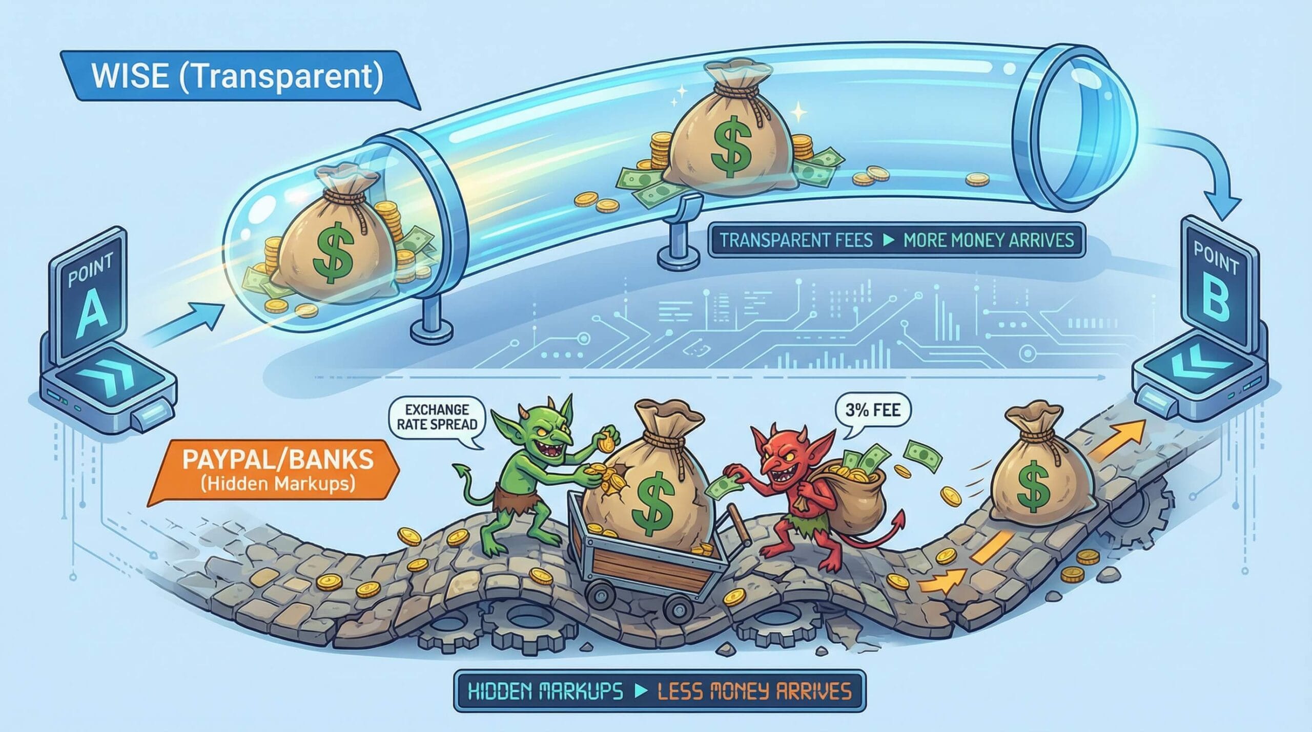 Wise vs PayPal for Traders Fees Comparison Infographic